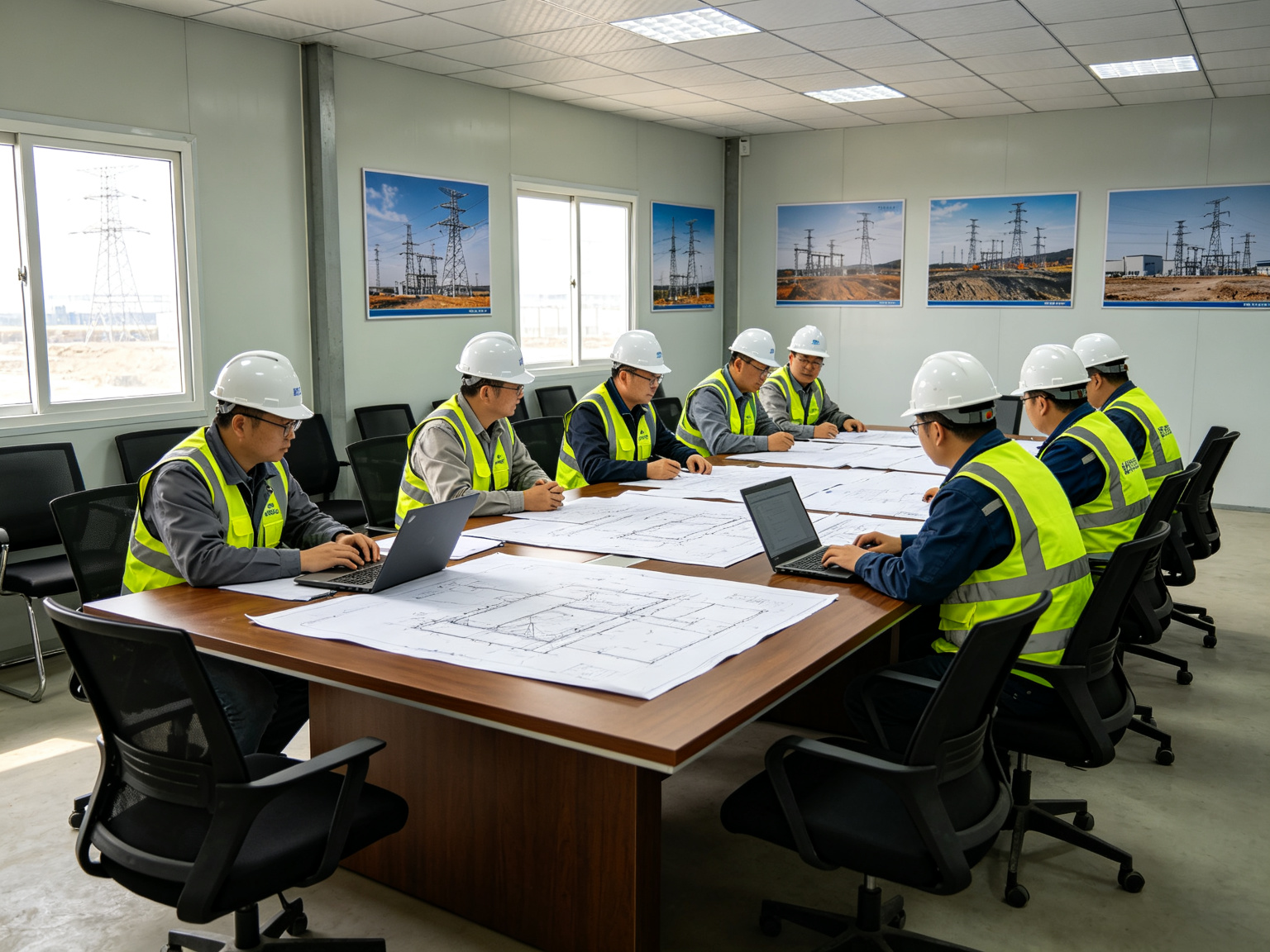 欧博游戏官网电力工程师在会议室讨论施工图纸